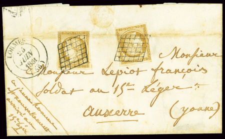 N°1, 10c bistre jaune, 2 pièces (pli d'archive) OBL grille + T14 Lormes (25 juin 1851) sur lettre au tarif militaire à 20c. Rare