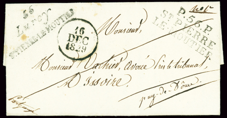 Lurcy : lettre avec double marque : cursive "56 Lurcy St Pierre le Moutier" + MP "P 56 P St Pierre le Moutier". Association rare et TB