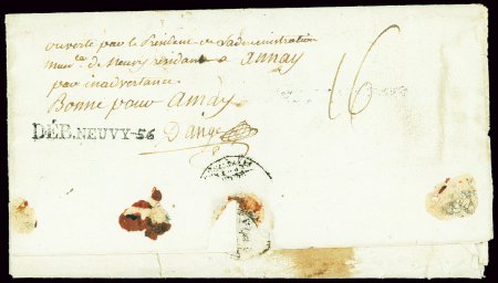 Lettre du ministère de la guerre (SD) avec au verso rare MP "Deb Neuvy-56", ind 23. TB