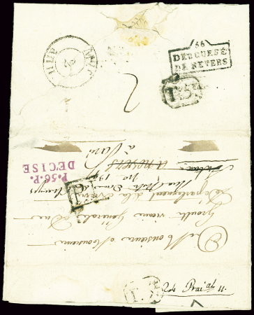Lettre avec MP "P 56 P Decise" (rouge 1802) et au verso marque encadrée en forme de trapèze "56 déboursé de Nevers", ind 20. Rare et TB