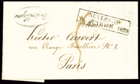Lettre avec cachet rect d'essai "Nevers 56 10 février 1828", ind 24. RR et TB