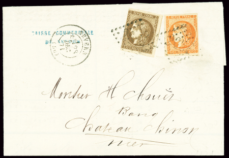 N°47 (au filet) + 48 OBL GC 2654 + T17 Nvers (1871) sur lettre. TB