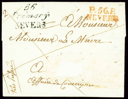 Lettre avec double cursive noire "56 Premery Nevers " + MP noire "P 56 P Nevers", nom du destinataire gratté mais belle associationrare, ind 18+