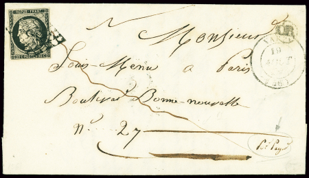 N°3 OBL grille + T14 Varzy (1849) + "OR" sur lettre avec mention manuscrite "P. Payé"