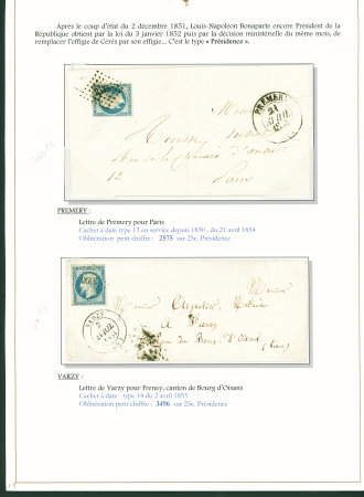 Sélection de 129 lettres classiques sur l'évolution de la poste dans le département de la Nièvre entre 1849 et 1876 joliment présentée sur feuilles d'exposition. Bonne qualité. On note un n°21 OBL "OR" sur lettre d'Anlez