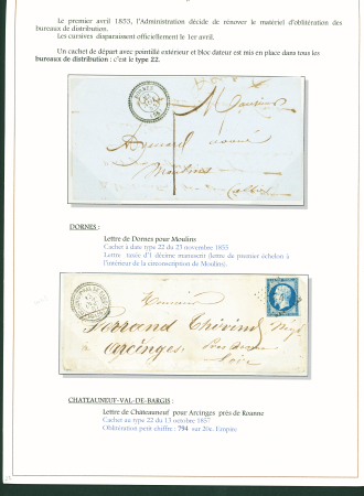Sélection de 129 lettres classiques sur l'évolution de la poste dans le département de la Nièvre entre 1849 et 1876 joliment présentée sur feuilles d'exposition. Bonne qualité. On note un n°21 OBL "OR" sur lettre d'Anlez