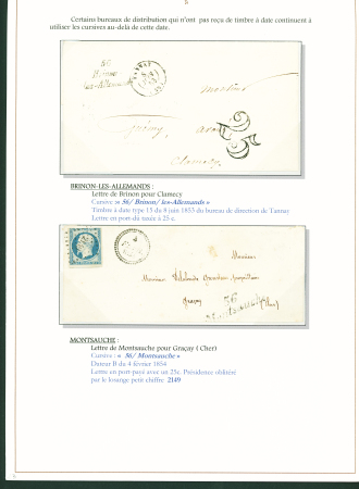 Sélection de 129 lettres classiques sur l'évolution de la poste dans le département de la Nièvre entre 1849 et 1876 joliment présentée sur feuilles d'exposition. Bonne qualité. On note un n°21 OBL "OR" sur lettre d'Anlez