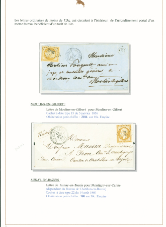 Sélection de 129 lettres classiques sur l'évolution de la poste dans le département de la Nièvre entre 1849 et 1876 joliment présentée sur feuilles d'exposition. Bonne qualité. On note un n°21 OBL "OR" sur lettre d'Anlez