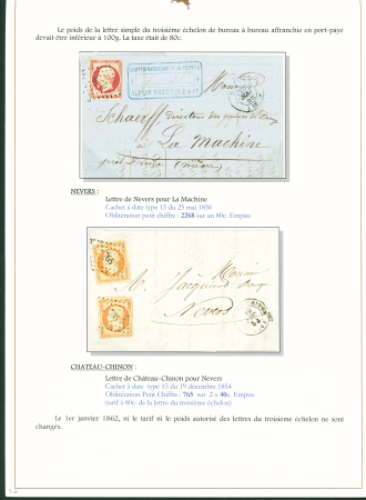 Sélection de 129 lettres classiques sur l'évolution de la poste dans le département de la Nièvre entre 1849 et 1876 joliment présentée sur feuilles d'exposition. Bonne qualité. On note un n°21 OBL "OR" sur lettre d'Anlez