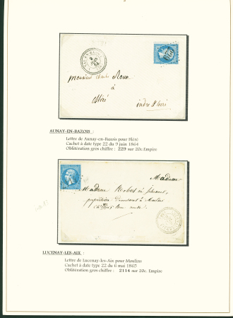 Sélection de 129 lettres classiques sur l'évolution de la poste dans le département de la Nièvre entre 1849 et 1876 joliment présentée sur feuilles d'exposition. Bonne qualité. On note un n°21 OBL "OR" sur lettre d'Anlez