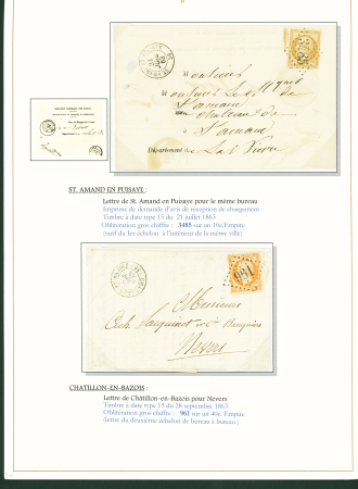 Sélection de 129 lettres classiques sur l'évolution de la poste dans le département de la Nièvre entre 1849 et 1876 joliment présentée sur feuilles d'exposition. Bonne qualité. On note un n°21 OBL "OR" sur lettre d'Anlez