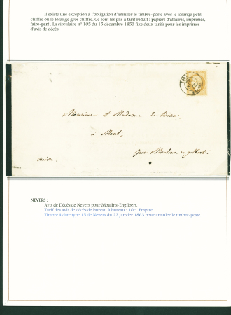Sélection de 129 lettres classiques sur l'évolution de la poste dans le département de la Nièvre entre 1849 et 1876 joliment présentée sur feuilles d'exposition. Bonne qualité. On note un n°21 OBL "OR" sur lettre d'Anlez
