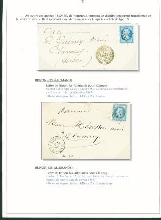 Sélection de 129 lettres classiques sur l'évolution de la poste dans le département de la Nièvre entre 1849 et 1876 joliment présentée sur feuilles d'exposition. Bonne qualité. On note un n°21 OBL "OR" sur lettre d'Anlez