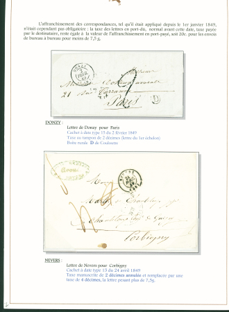 Sélection de 129 lettres classiques sur l'évolution de la poste dans le département de la Nièvre entre 1849 et 1876 joliment présentée sur feuilles d'exposition. Bonne qualité. On note un n°21 OBL "OR" sur lettre d'Anlez