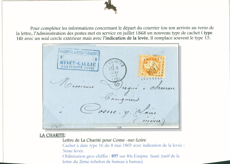 Sélection de 129 lettres classiques sur l'évolution de la poste dans le département de la Nièvre entre 1849 et 1876 joliment présentée sur feuilles d'exposition. Bonne qualité. On note un n°21 OBL "OR" sur lettre d'Anlez