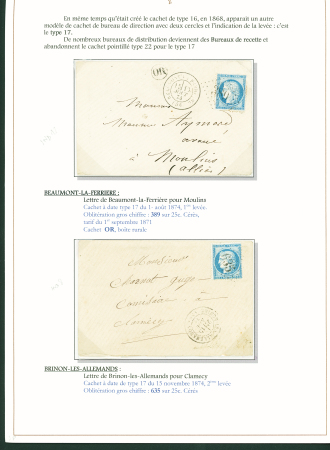 Sélection de 129 lettres classiques sur l'évolution de la poste dans le département de la Nièvre entre 1849 et 1876 joliment présentée sur feuilles d'exposition. Bonne qualité. On note un n°21 OBL "OR" sur lettre d'Anlez