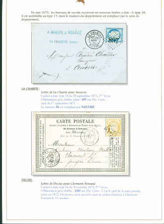 Sélection de 129 lettres classiques sur l'évolution de la poste dans le département de la Nièvre entre 1849 et 1876 joliment présentée sur feuilles d'exposition. Bonne qualité. On note un n°21 OBL "OR" sur lettre d'Anlez