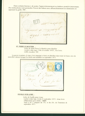 Sélection de 129 lettres classiques sur l'évolution de la poste dans le département de la Nièvre entre 1849 et 1876 joliment présentée sur feuilles d'exposition. Bonne qualité. On note un n°21 OBL "OR" sur lettre d'Anlez