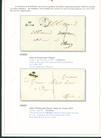 Sélection de 129 lettres classiques sur l'évolution de la poste dans le département de la Nièvre entre 1849 et 1876 joliment présentée sur feuilles d'exposition. Bonne qualité. On note un n°21 OBL "OR" sur lettre d'Anlez