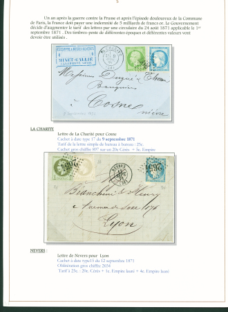 Sélection de 129 lettres classiques sur l'évolution de la poste dans le département de la Nièvre entre 1849 et 1876 joliment présentée sur feuilles d'exposition. Bonne qualité. On note un n°21 OBL "OR" sur lettre d'Anlez