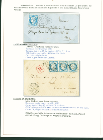 Sélection de 129 lettres classiques sur l'évolution de la poste dans le département de la Nièvre entre 1849 et 1876 joliment présentée sur feuilles d'exposition. Bonne qualité. On note un n°21 OBL "OR" sur lettre d'Anlez