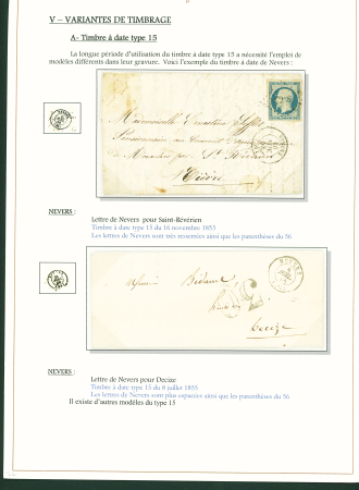 Sélection de 129 lettres classiques sur l'évolution de la poste dans le département de la Nièvre entre 1849 et 1876 joliment présentée sur feuilles d'exposition. Bonne qualité. On note un n°21 OBL "OR" sur lettre d'Anlez