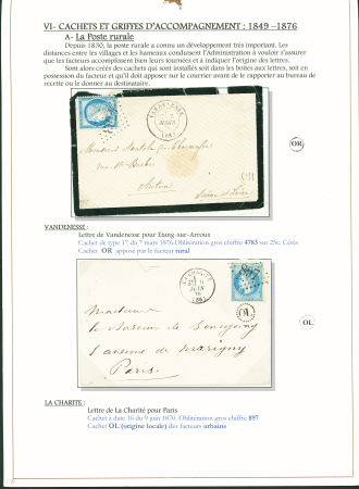 Sélection de 129 lettres classiques sur l'évolution de la poste dans le département de la Nièvre entre 1849 et 1876 joliment présentée sur feuilles d'exposition. Bonne qualité. On note un n°21 OBL "OR" sur lettre d'Anlez