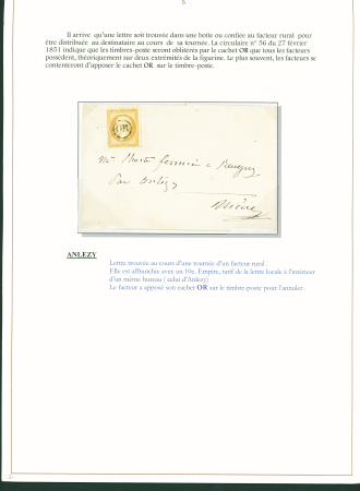 Sélection de 129 lettres classiques sur l'évolution de la poste dans le département de la Nièvre entre 1849 et 1876 joliment présentée sur feuilles d'exposition. Bonne qualité. On note un n°21 OBL "OR" sur lettre d'Anlez