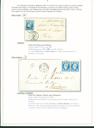 Sélection de 129 lettres classiques sur l'évolution de la poste dans le département de la Nièvre entre 1849 et 1876 joliment présentée sur feuilles d'exposition. Bonne qualité. On note un n°21 OBL "OR" sur lettre d'Anlez