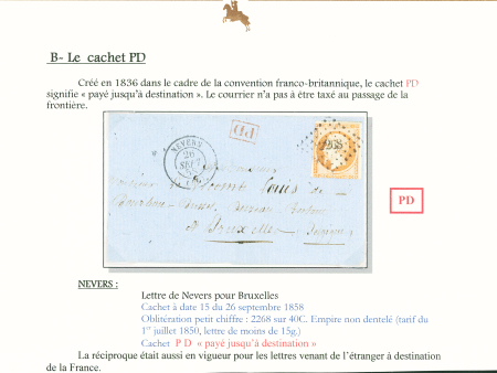 Sélection de 129 lettres classiques sur l'évolution de la poste dans le département de la Nièvre entre 1849 et 1876 joliment présentée sur feuilles d'exposition. Bonne qualité. On note un n°21 OBL "OR" sur lettre d'Anlez