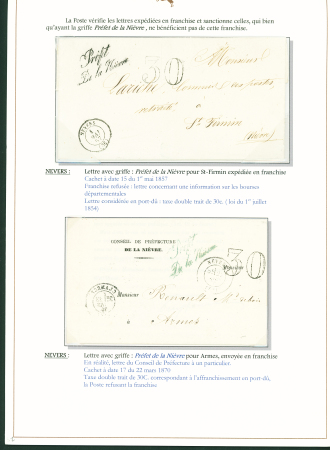 Sélection de 129 lettres classiques sur l'évolution de la poste dans le département de la Nièvre entre 1849 et 1876 joliment présentée sur feuilles d'exposition. Bonne qualité. On note un n°21 OBL "OR" sur lettre d'Anlez