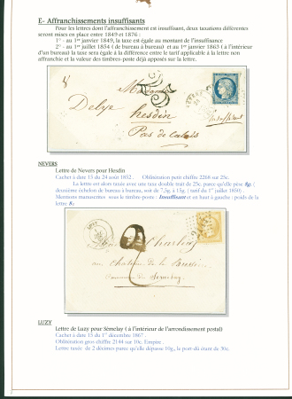 Sélection de 129 lettres classiques sur l'évolution de la poste dans le département de la Nièvre entre 1849 et 1876 joliment présentée sur feuilles d'exposition. Bonne qualité. On note un n°21 OBL "OR" sur lettre d'Anlez