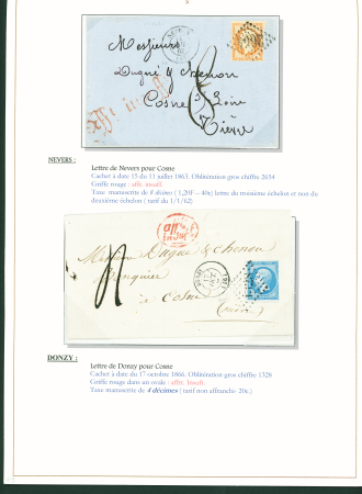Sélection de 129 lettres classiques sur l'évolution de la poste dans le département de la Nièvre entre 1849 et 1876 joliment présentée sur feuilles d'exposition. Bonne qualité. On note un n°21 OBL "OR" sur lettre d'Anlez