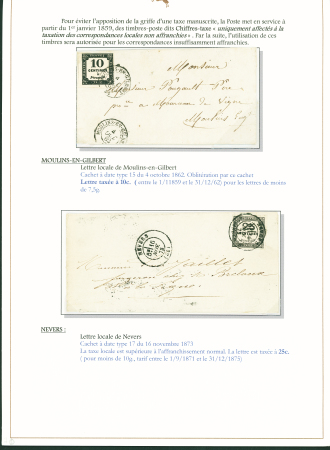 Sélection de 129 lettres classiques sur l'évolution de la poste dans le département de la Nièvre entre 1849 et 1876 joliment présentée sur feuilles d'exposition. Bonne qualité. On note un n°21 OBL "OR" sur lettre d'Anlez