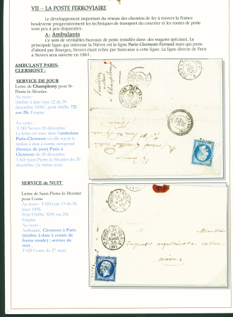 Sélection de 129 lettres classiques sur l'évolution de la poste dans le département de la Nièvre entre 1849 et 1876 joliment présentée sur feuilles d'exposition. Bonne qualité. On note un n°21 OBL "OR" sur lettre d'Anlez