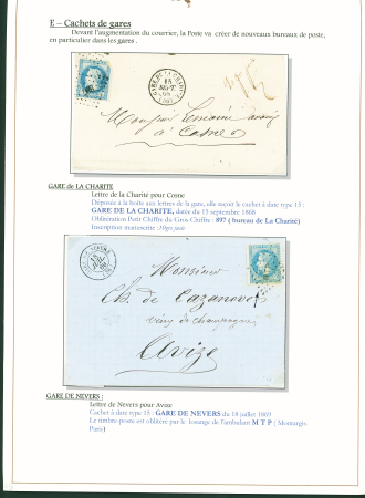 Sélection de 129 lettres classiques sur l'évolution de la poste dans le département de la Nièvre entre 1849 et 1876 joliment présentée sur feuilles d'exposition. Bonne qualité. On note un n°21 OBL "OR" sur lettre d'Anlez