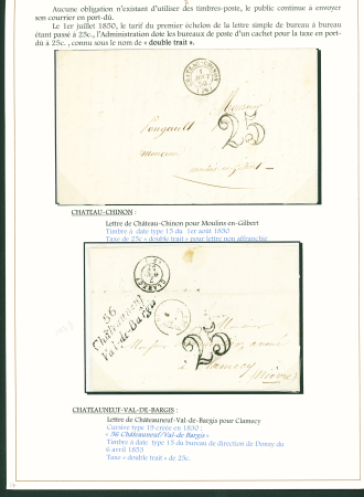 Sélection de 129 lettres classiques sur l'évolution de la poste dans le département de la Nièvre entre 1849 et 1876 joliment présentée sur feuilles d'exposition. Bonne qualité. On note un n°21 OBL "OR" sur lettre d'Anlez