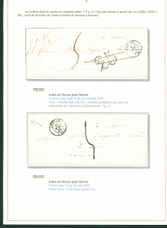 Sélection de 129 lettres classiques sur l'évolution de la poste dans le département de la Nièvre entre 1849 et 1876 joliment présentée sur feuilles d'exposition. Bonne qualité. On note un n°21 OBL "OR" sur lettre d'Anlez