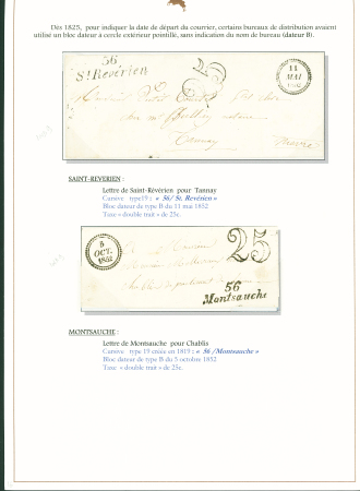 Sélection de 129 lettres classiques sur l'évolution de la poste dans le département de la Nièvre entre 1849 et 1876 joliment présentée sur feuilles d'exposition. Bonne qualité. On note un n°21 OBL "OR" sur lettre d'Anlez