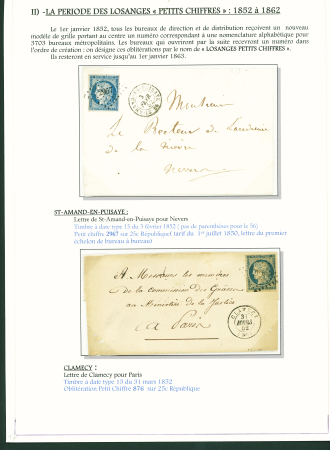 Sélection de 129 lettres classiques sur l'évolution de la poste dans le département de la Nièvre entre 1849 et 1876 joliment présentée sur feuilles d'exposition. Bonne qualité. On note un n°21 OBL "OR" sur lettre d'Anlez