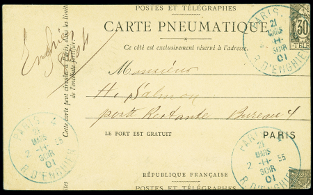 Carte pneumatique 30c Chaplain noir avec spectaculaire variété de décooupe montrant 2 morceaux de la figurine, OBL Paris 4 R. d'Enghien (1901). TB