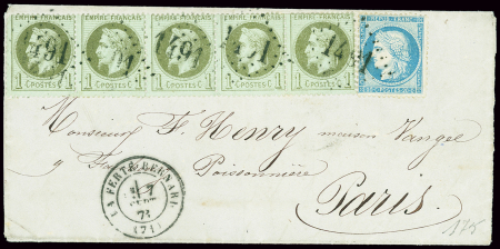 N°25, bande de 5 + n°37 OBL GC 1491 + T17 "La Ferté Bernard" (7 sept 71) sur lettre. TB