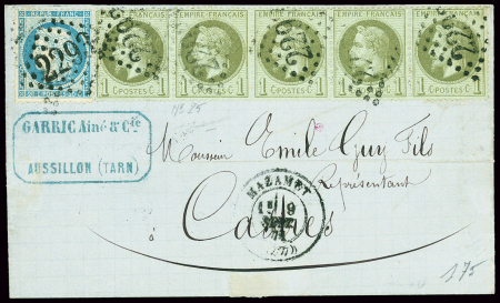 N°25, bande de 5, OBL GC 2293 + T17 Nimes (15 sept 71 sur lettre. TB