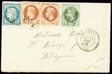 N°25+ 26B, type 2 + 37 OBL GC 2659 + T17 Nimes (15 sept 71) sur lettre. TB