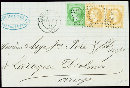 N°28 type 2 en paire + n°20 avec variété boule derrière le cou, OBL GC 732 + T17 Carcassonne sur lettre. TB