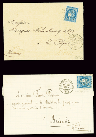 2 lettres : n°45B OBL GC 1566 + T17 "Fourchambault (56)" (12 fev 71) et n°45, report 3, OBL GC 1053 + T17 "Clermont Ferrand (62)" (12 fev 71). TB