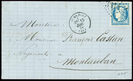 N°45A, report 1, impression fine OBL GC 3614 + T16 "St Geniez (11)" (15 dec 70) sur lettre pour Montauban. Jolie pièce