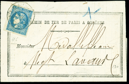 N°46B 20c bleu foncé OBL CAD T17 "La Pointe St Sulpice (77)" (5 mars 71) sur avis de chemin de fer de Paris à Orléans. TB