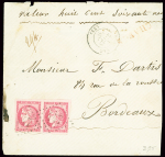 N°49 80c en paire, OBL GC 447 + T17 Bergerac (1871) sur enveloppe chargée (VD 869F) incomplète mais RR. TB