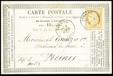 N°55 OBL T16 "Onnaing (57)" (1er avril 1876 - 1er jour officiel de l'oblitération par CAD après suppression des GC) sur carte postale précurseur. TB